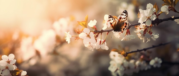 Un papillon sur un cerisier en fleurs AI générative