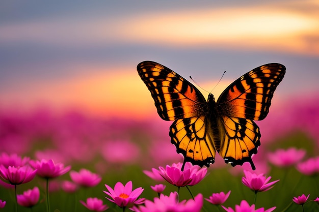 Un papillon sur un champ de fleurs