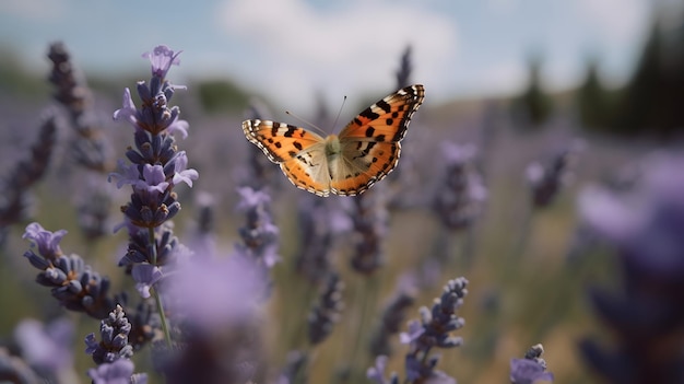 Un papillon sur un champ de lavande