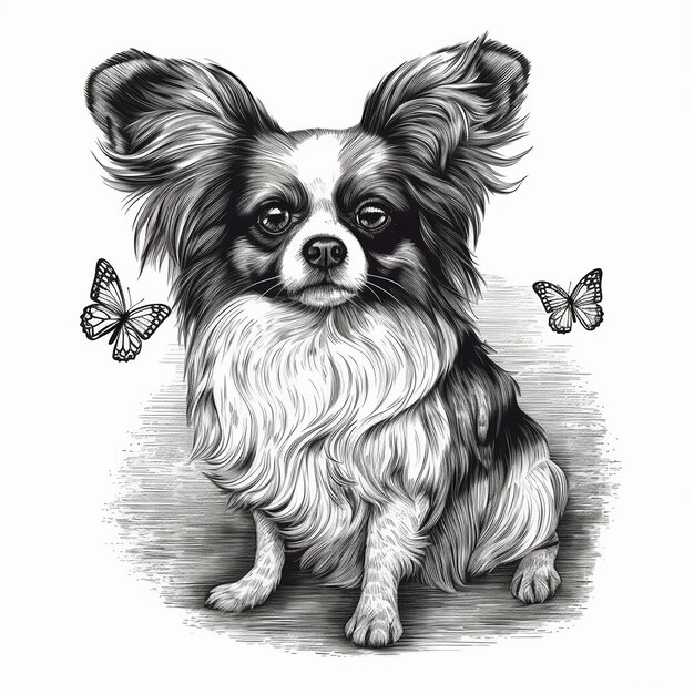 Papillon chien engaving style closeup portrait dessin noir et blanc animal mignon