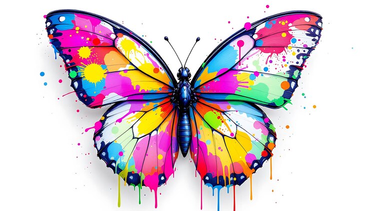 Photo un papillon coloré avec des ailes éclaboussées de peinture isolé sur un fond blanc