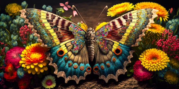 Un papillon coloré bat des ailes parmi les fleurs épanouies