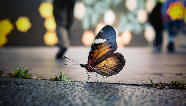 papillon coloré sur le trottoir d'une rue animée généré par l'IA