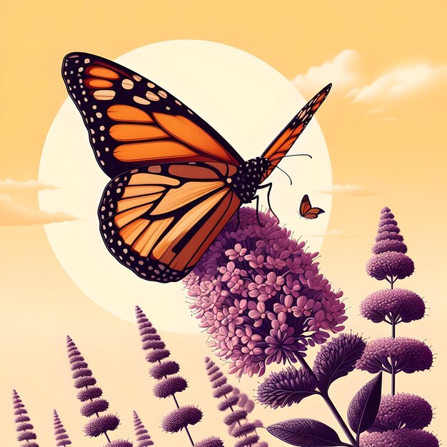 Photo papillon avec coucher de soleil avec fond de couleur plate