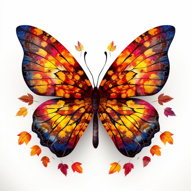 papillon de couleurs vives avec des feuilles d'automne sur un fond blanc