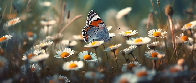 Papillon dans un champ avec des marguerites blanches