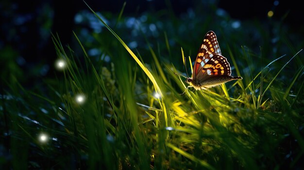 Photo papillon dans la prairie d'herbe la nuit generative ai