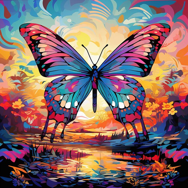 Le papillon danseur de la nature volant au-dessus des motifs colorés