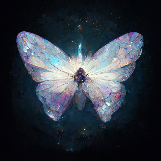 Un papillon avec un diamant bleu dessus est peint dans un espace noir.