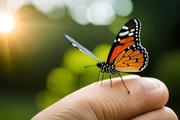 Un papillon sur le doigt d'une personne