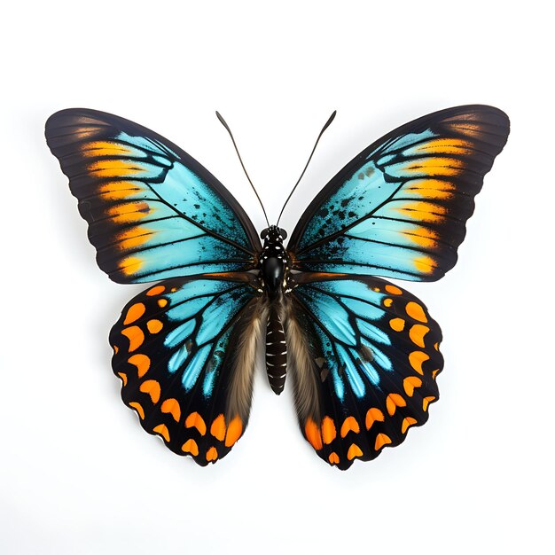 Papillon du verger doté d'ailes noires avec du vert sur fond blanc, séance photo vue de dessus de beauté
