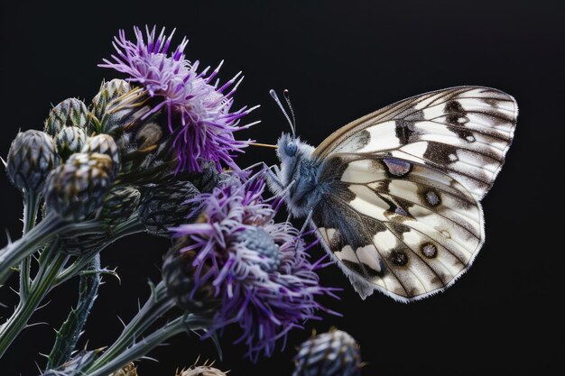 Papillon d'échiquier sur des fleurs de chardon violet sur un fond noir