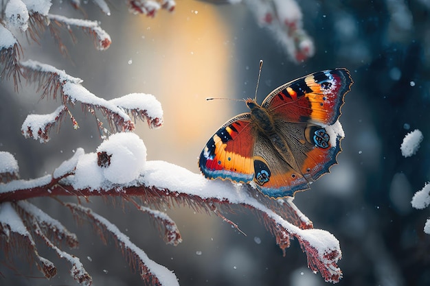 Papillon entouré de neige sur une branche d'arbre apportant chaleur et couleur au paysage hivernal