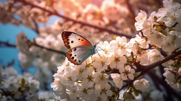 Un papillon est assis sur une branche de fleurs de cerisier.