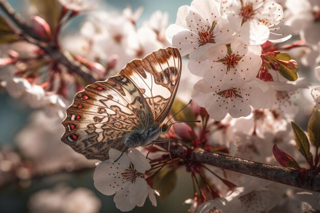 Un papillon est assis sur une branche de fleurs de cerisier.