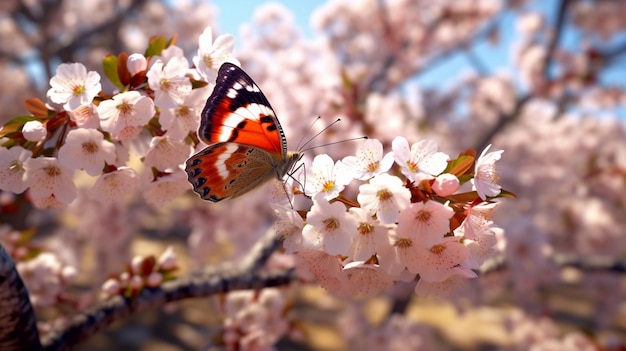 Un papillon est assis sur un cerisier en fleurs au printemps.