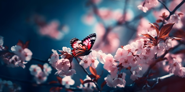 Un papillon est assis sur un cerisier en fleurs