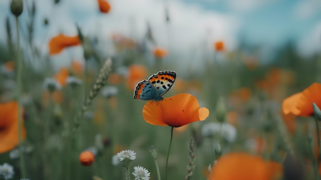 Un papillon est assis sur un champ de coquelicots