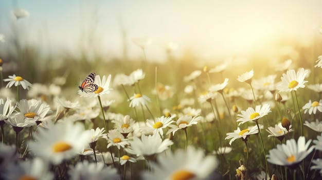 Un papillon est assis sur un champ de fleurs avec un soleil qui brille dessus.