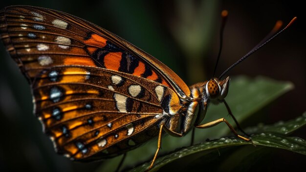 Un papillon est assis sur une feuille dans l'obscurité.