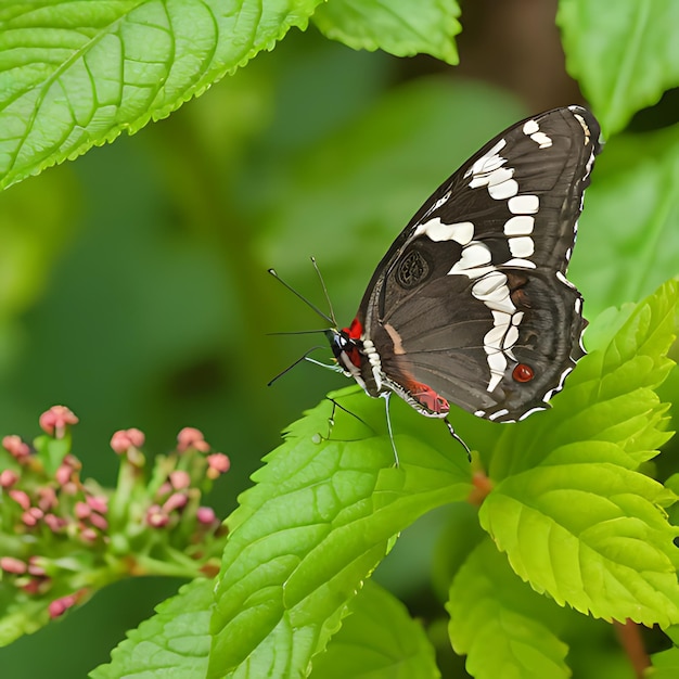 un papillon est assis sur une feuille verte avec un point rouge sur le bout