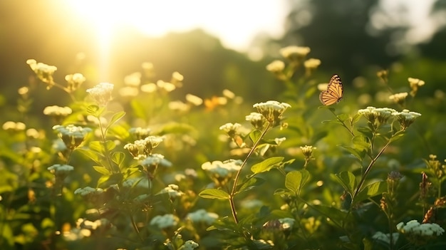 Un papillon est assis sur une fleur au soleil