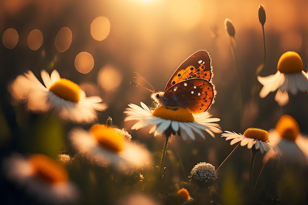 Un papillon est assis sur une fleur au soleil