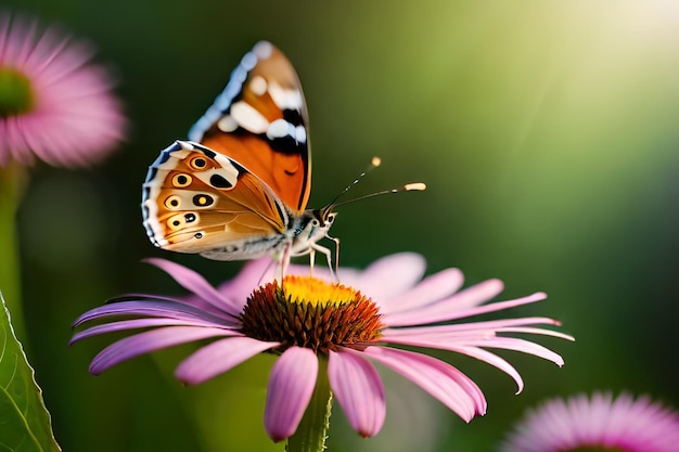 Un papillon est assis sur une fleur au soleil.