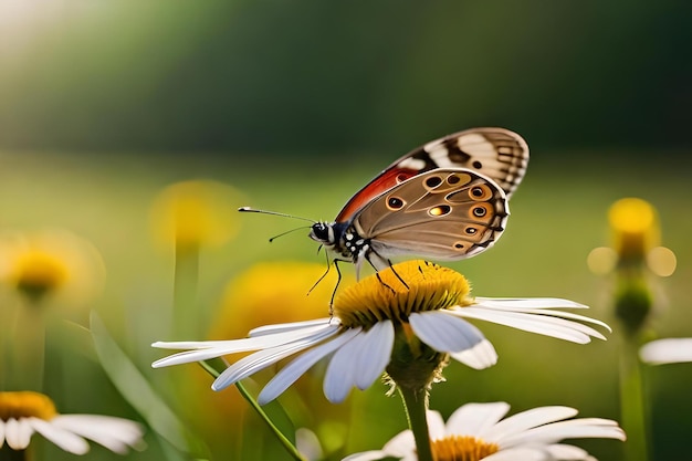 Un papillon est assis sur une fleur au soleil.