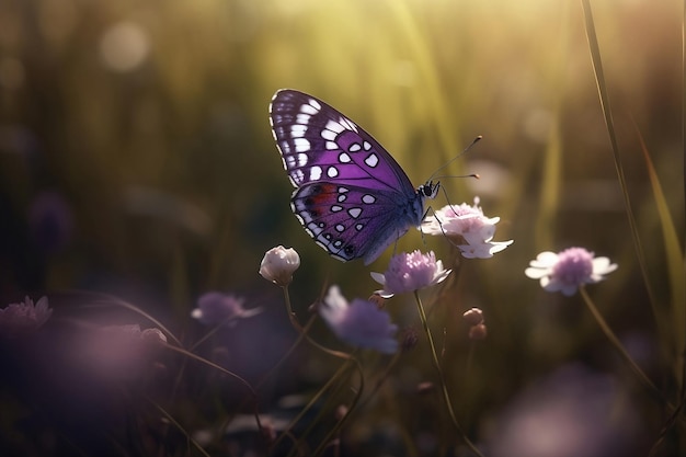 Un papillon est assis sur une fleur en fleurs AI générative