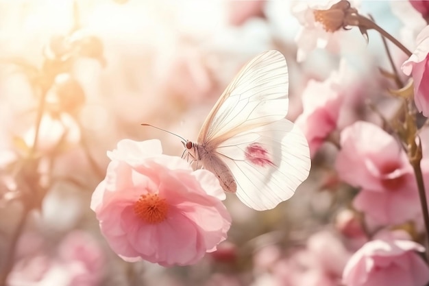 Un papillon est assis sur une rose en fleur.