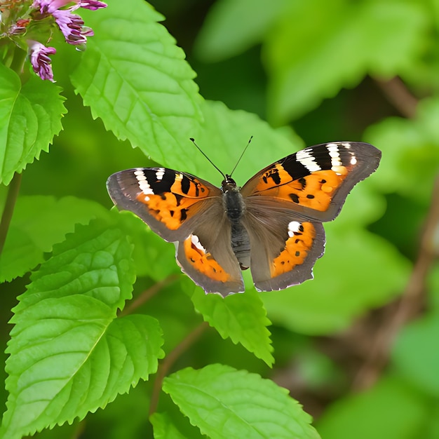 un papillon est sur une feuille verte avec un papillon dessus