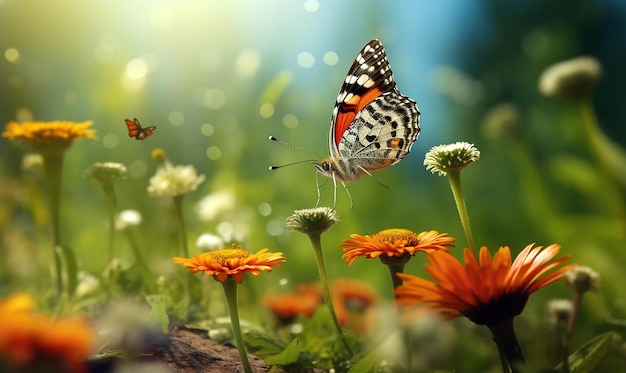 Photo un papillon est sur une fleur dans l'herbe et les fleurs sont au premier plan