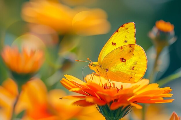 un papillon est sur une fleur avec des fleurs d'orange