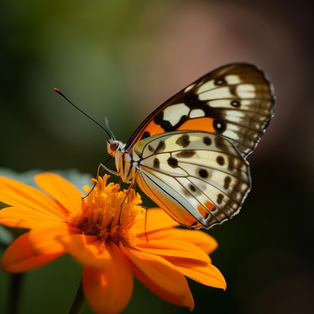 Un papillon est sur une fleur avec un fond noir.