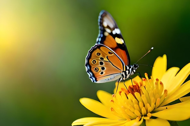 Un papillon est sur une fleur avec un fond vert.