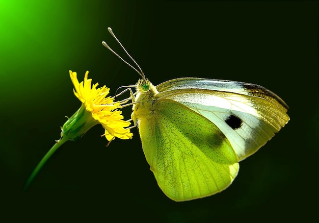 un papillon est sur une fleur jaune avec le fond vert