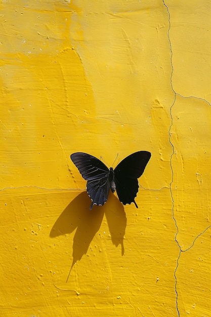 un papillon est sur un mur jaune avec une fissure dedans