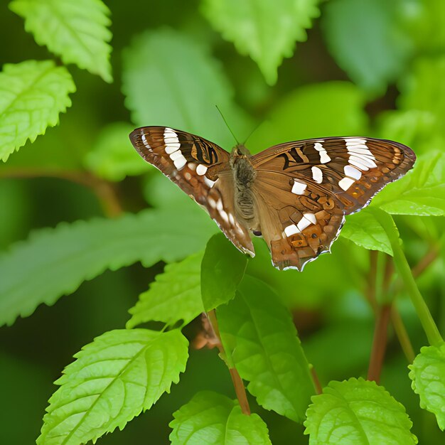 un papillon est représenté sur une feuille verte