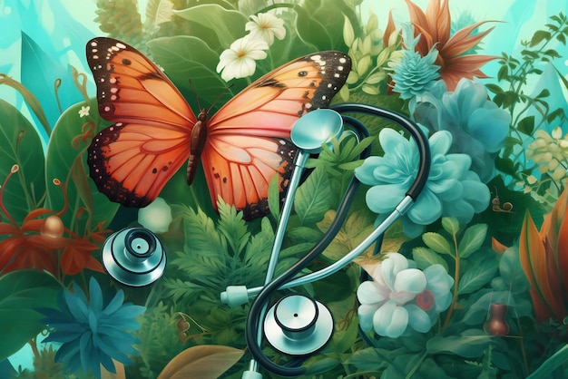 Un papillon est sur un stéthoscope avec des fleurs en arrière-plan.