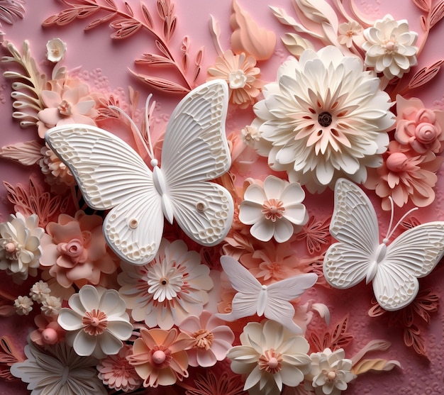 un papillon fait de papier et de fleurs est exposé.