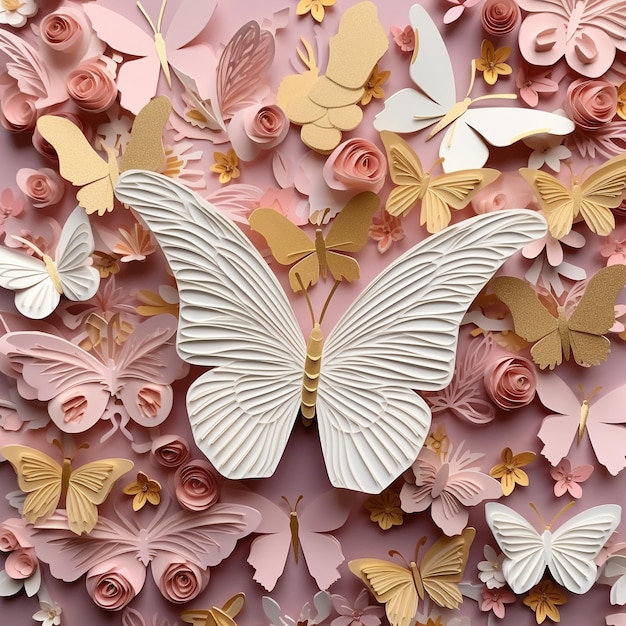 un papillon fait de papier avec des papillons et des fleurs.