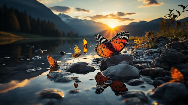 Papillon sur une feuille par une rivière claire au crépuscule sur fond de montagne