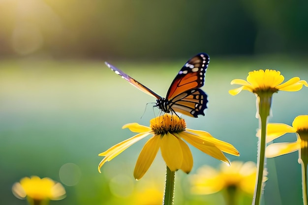 Un papillon sur une fleur au soleil