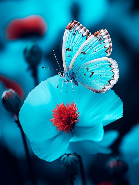 papillon sur une fleur dans un pré avec des coquelicots