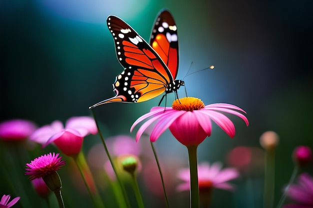 un papillon sur une fleur devant un fond vert