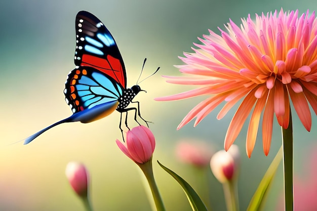 Un papillon sur une fleur avec une fleur rose en arrière-plan.