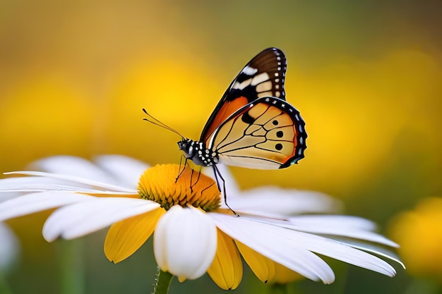 Un papillon sur une fleur à fond jaune