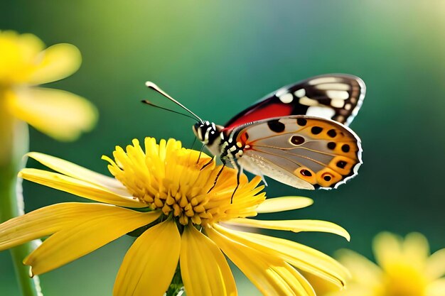 Un papillon sur une fleur avec un fond vert