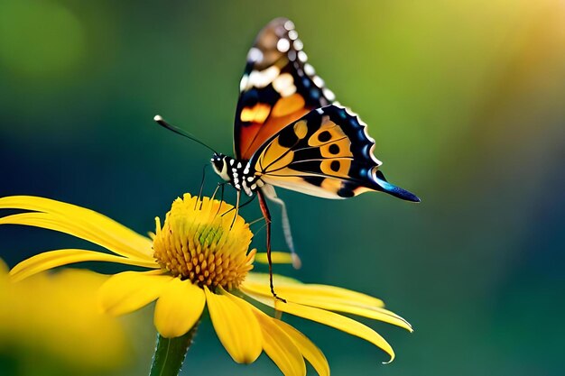 Un papillon sur une fleur avec un fond vert